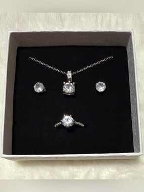 Stainless Steel Cubic Zirconia Necklace, Ring & Stud Earring Set - Silver-tone